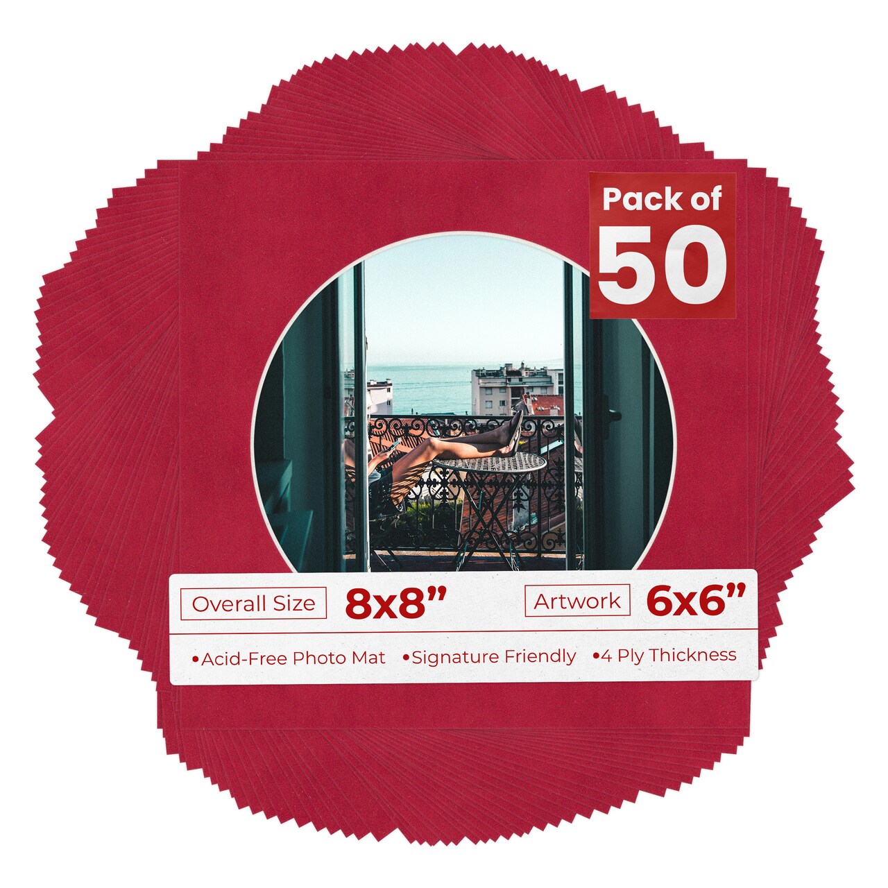Red Suede Mat Board for 8x8 Frames - Circle Opening for 6x6 Photos